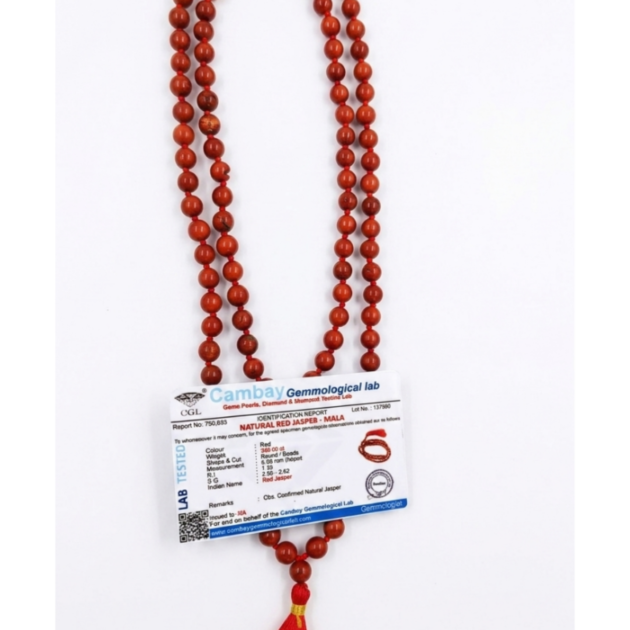 Certified Natural Red Jasper Mala (108 Beads) - Strength & Stamina